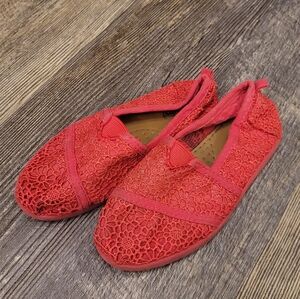 FADED GLORY GIRLS Size 12 FLAT Moccasin CASUAL Slip On SHOES Red Lace Fabric